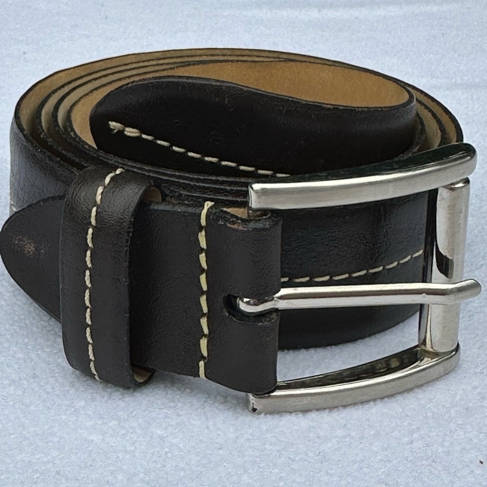 Via Veneto Belt Men’s 36 Brown‎ Genuine Leather Silver Buckle Contrast Stitching